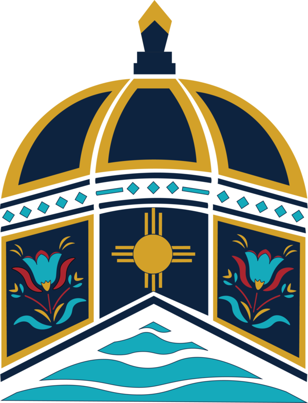 Stylized graphic of the Main Building dome at the University of Notre Dame. Gold and dark blue panels form the dome's structure, accented with teal diamond shapes. The Zia sun symbol is centered below the dome, flanked by stylized blue and red floral designs. Teal waves represent St. Mary's Lake.
